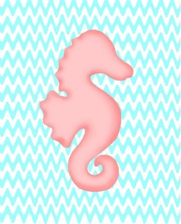 Pink Seahorse Ocean Nursery Girl Decor Wall Art Teal Blue Chevron