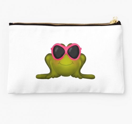 frog in pink sunglasses beach day makeup bag